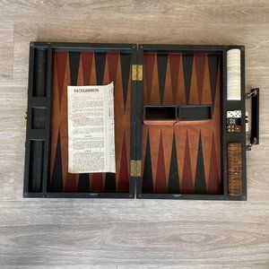 Vintage Backgammon Set Briefcase Faux Leather Travel Case 15x10 w/ Manual